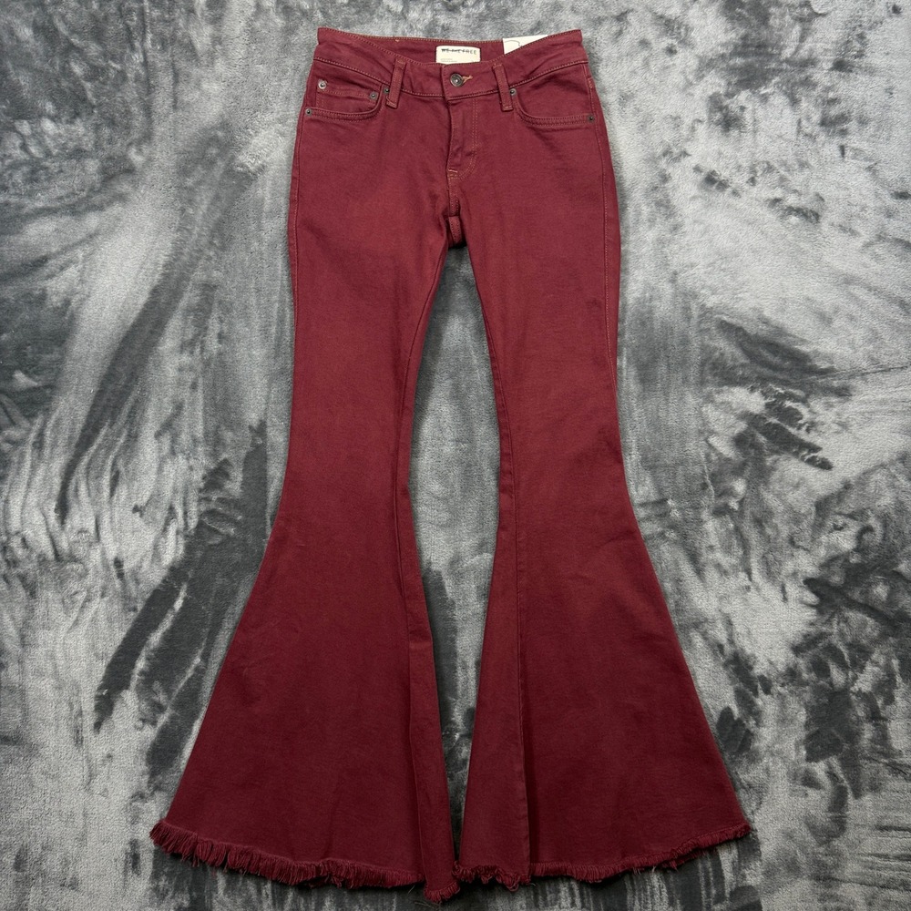We The Free Flare Jeans Womens 24 Burgundy Raw Hem Bell Bottom New Boho Hippie - Picture 1 of 10